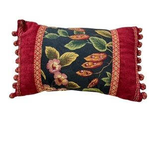 Raymond Waites Lumbar Floral Chenille Pillow Multicolored Pom Pom Trim 10x16”
